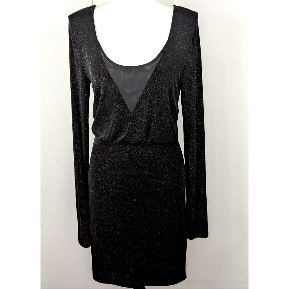 Guess NWT Black shimmer Wmns dress sz LBust36 Waist 30"knitWide V back Lined